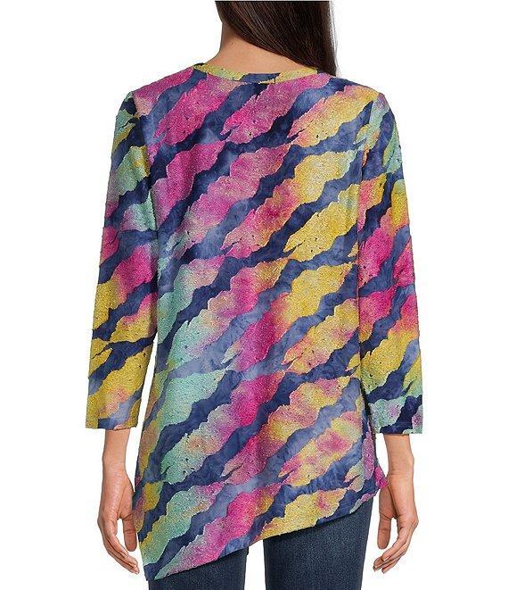 Calessa Burnout Tie Dye Asymmetrical Crew Neck 3/4 Sleeve Tunic Product Image