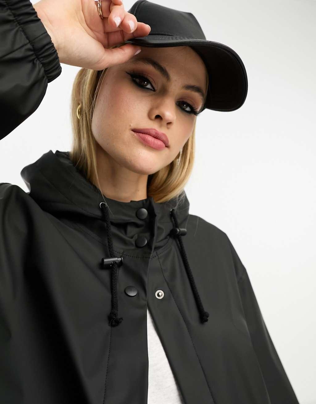 ASOS DESIGN Tall rubberized rain parka coat in black Product Image