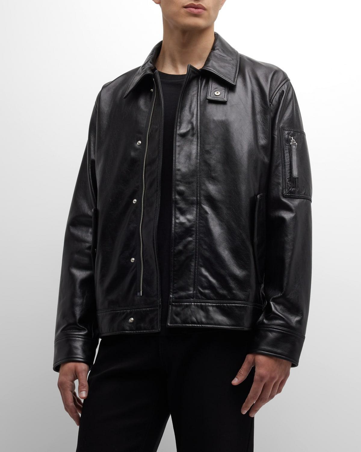 Mens Stand Collar Leather Jacket Product Image