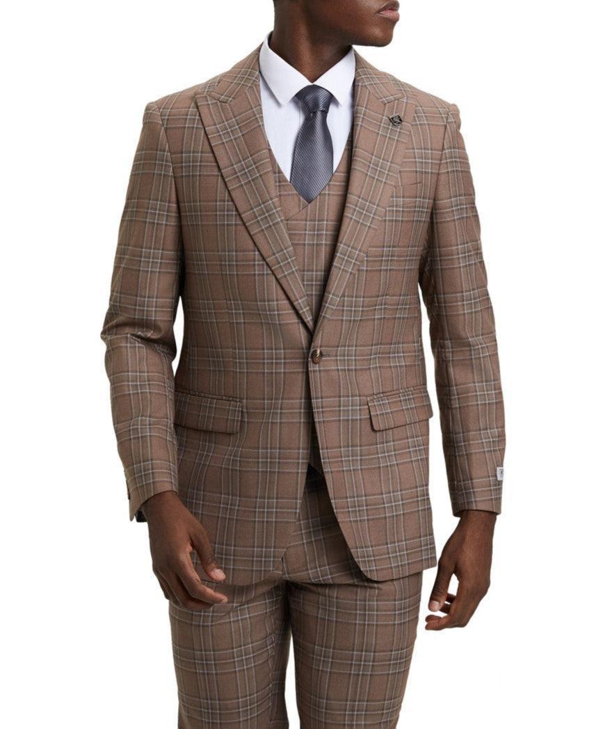 Stacy Adams - Brown 3 Piece 2 Button Plaid Peak Lapel Suit Product Image