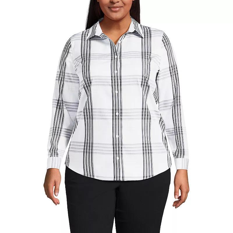 Plus Size Lands End Wrinkle-Free No Iron Button-Front Shirt, Womens Green Wide Stripe Product Image