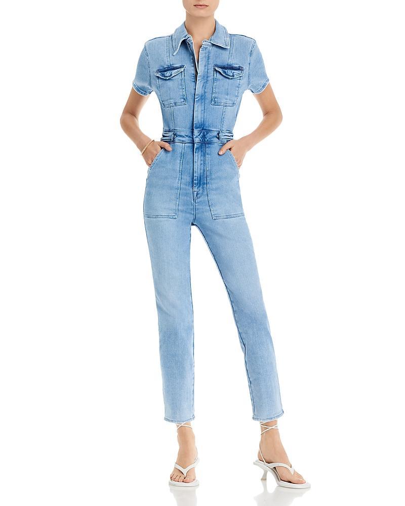 Good American Plus Size Fit For Success Short Sleeve Point Collar Straight Leg Stretch Denim Jumpsuit Product Image