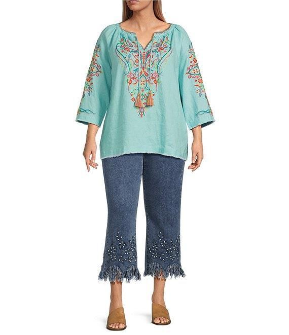 John Mark Plus Size Woven Embroidered Split V-Neck 3/4 Sleeve Hi-Low Hem Tunic Product Image
