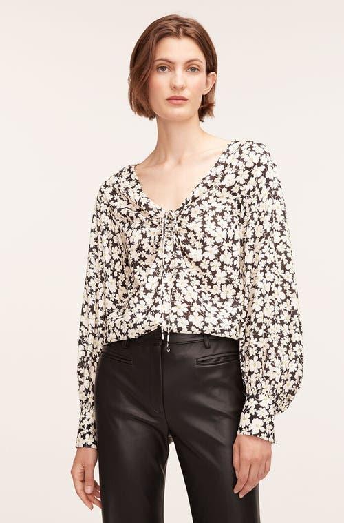 REBECCA TAYLOR Paige Fleur Drawstring Blouse In Black White Flower Combo Product Image