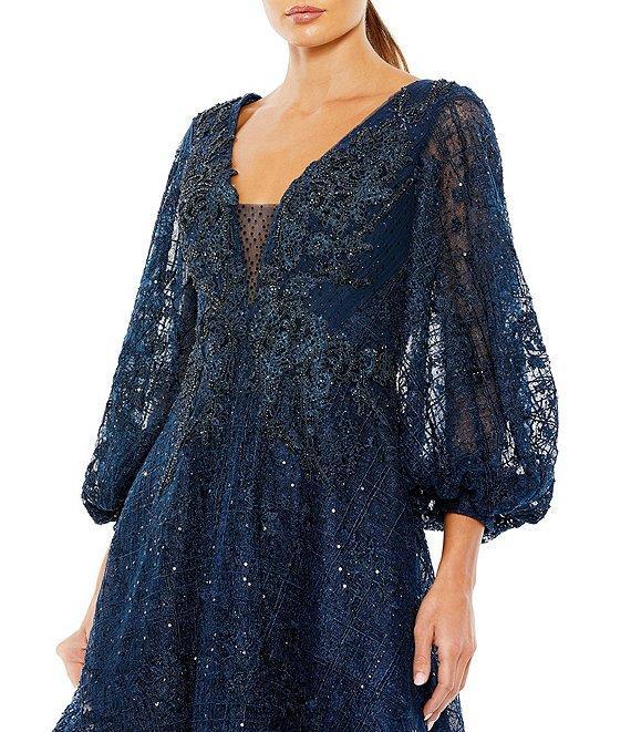 Mac Duggal Deep V-Neck 3/4 Balloon Sleeve A-Line Midi Dress Product Image