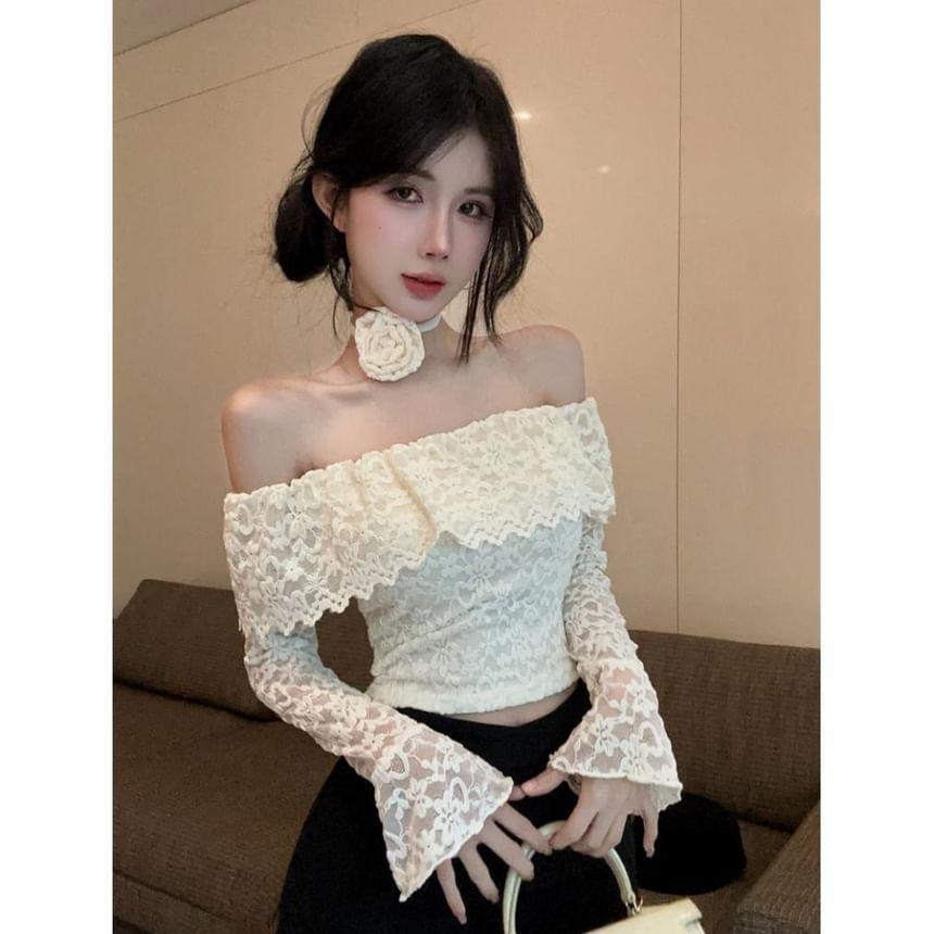 Long Sleeve Off Shoulder Plain Lace Crop Top Product Image