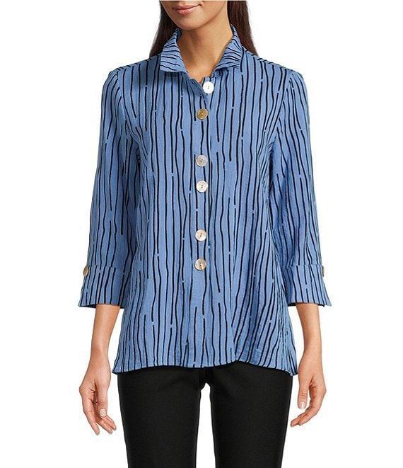 Ali Miles Crinkle Woven Abstract Stripe Wire Collar 3/4 Sleeve Button Front Tunic Product Image