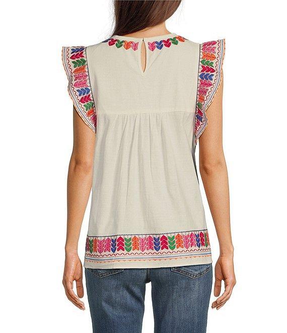 Calessa Embroidered Round Neck Ruffled Cap Sleeve Tunic Product Image