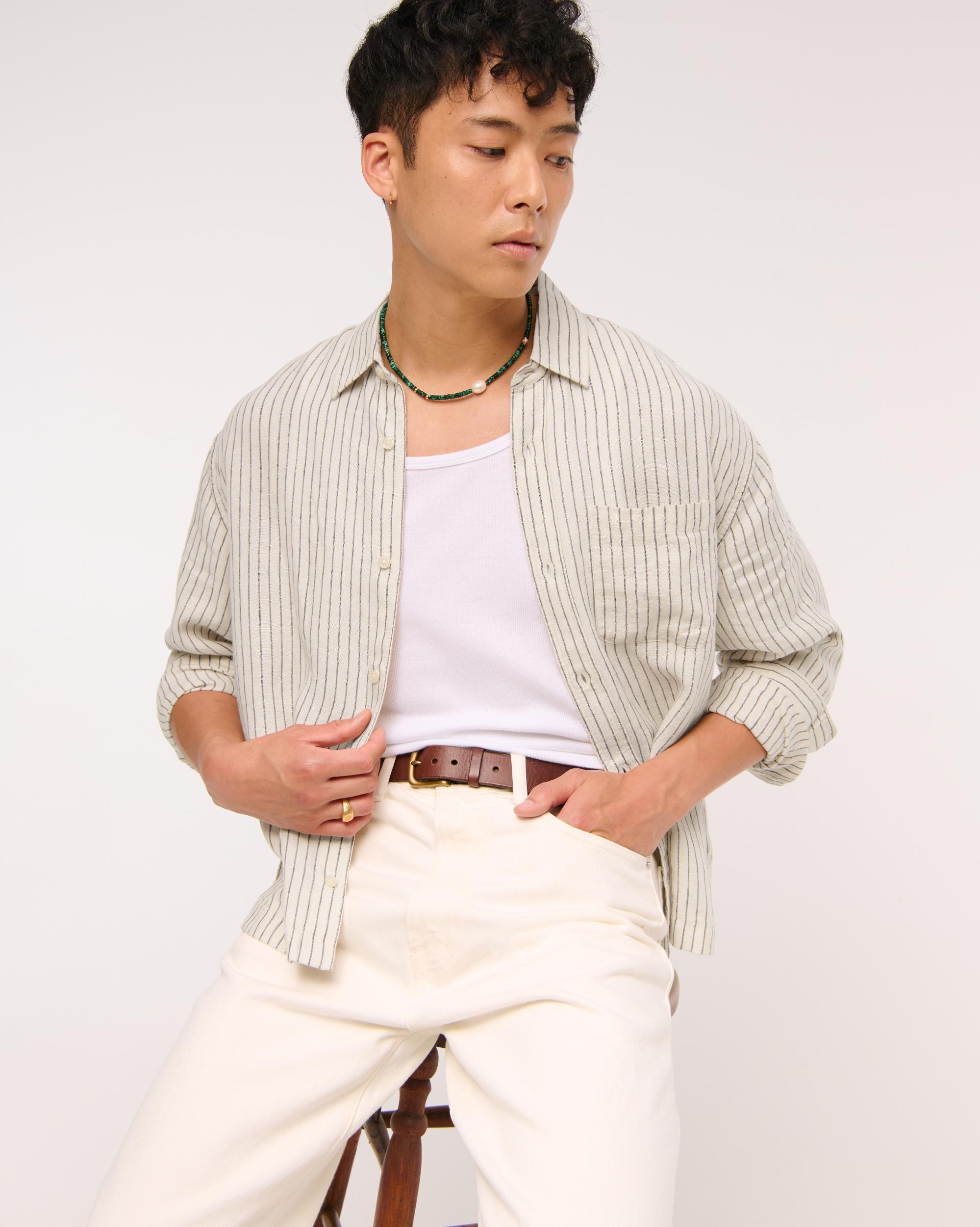 Cropped Linen Button-Up Shirt Product Image