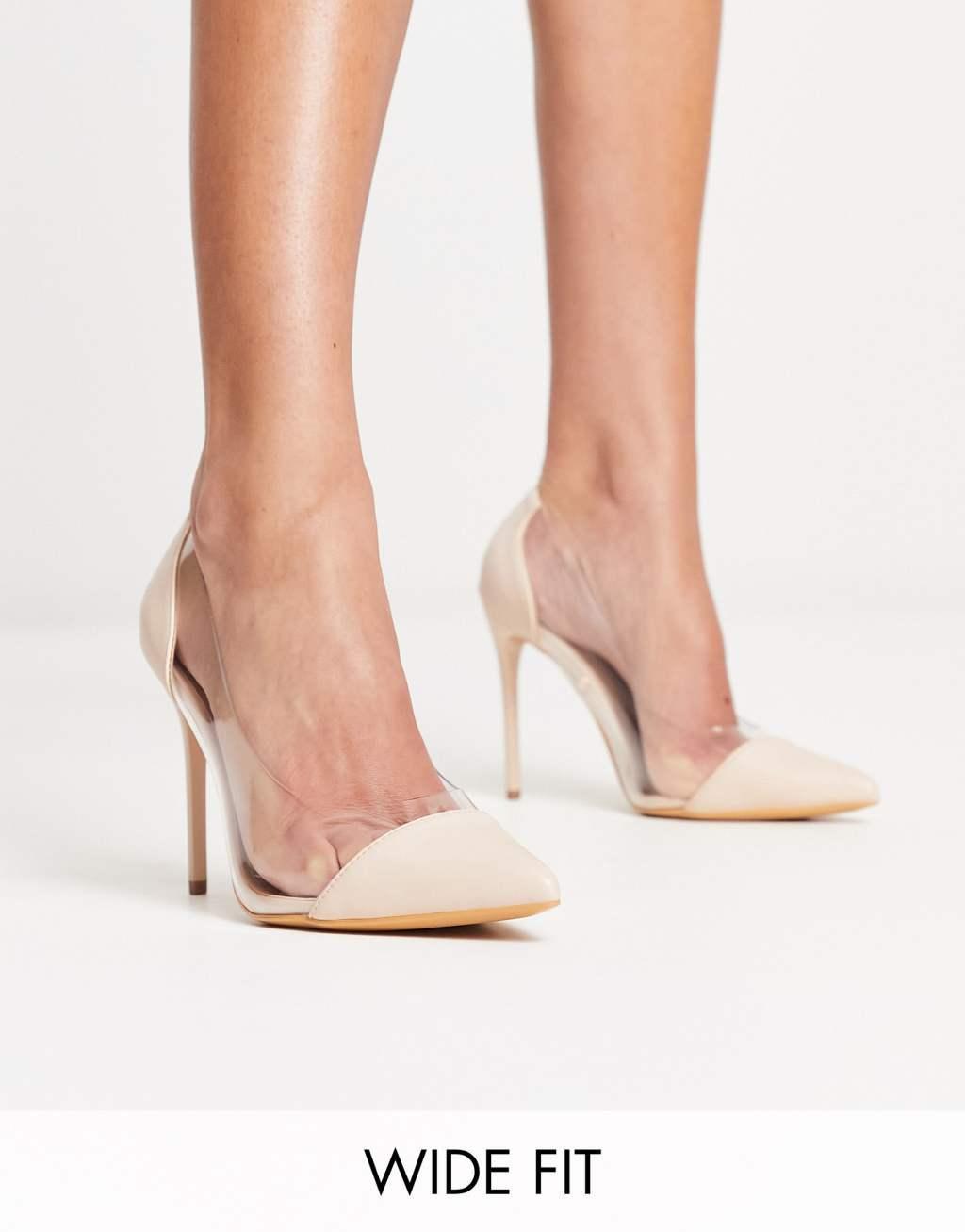 Truffle Collection Wide Fit pointed clear heeled shoes in beige Product Image