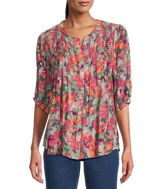 Intro Crinkle Gauze Brushstroke Print Crew Neck Elbow Sleeve Smocked Detail Button Front Blouse Product Image