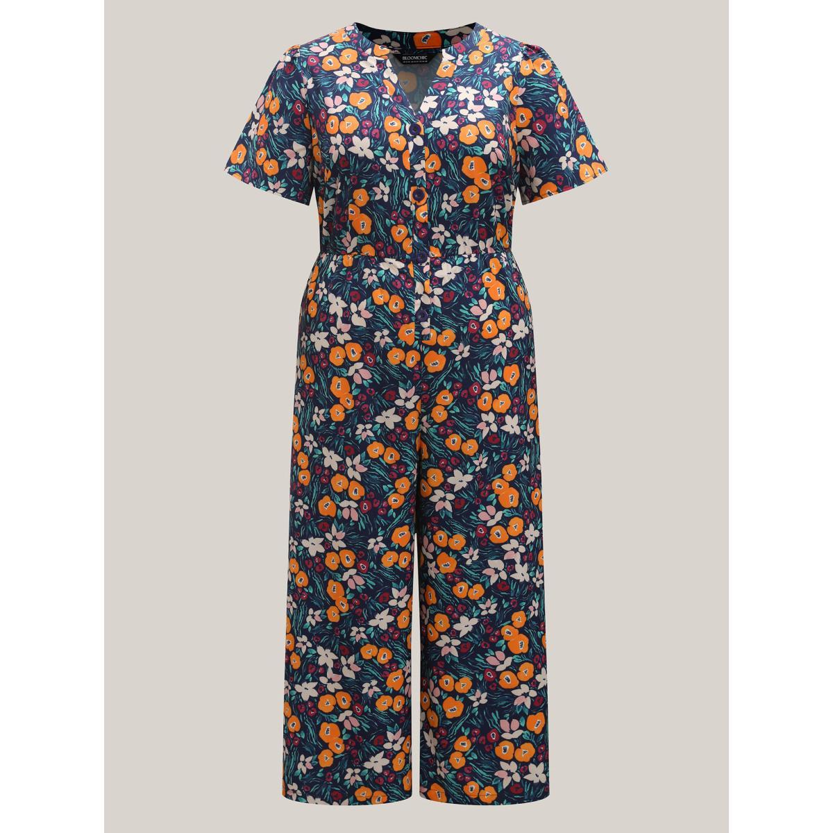 Plus Size DarkBlue Abstract Floral Print Button Jumpsuit Women Short sleeve Notched collar Everyday-Elegant Loose Jumpsuits BloomChic 14-16/1X Product Image