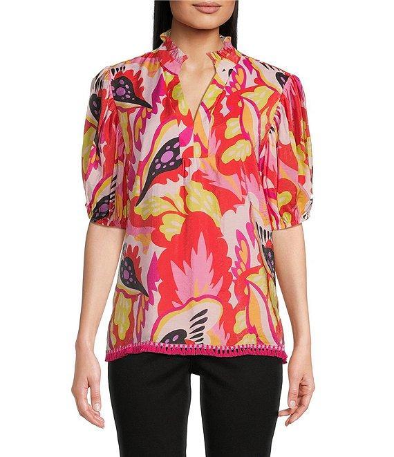 Calessa Petite Size Woven Modern Abstract Print Ruffled Split V-Neck Short Sleeve Tunic Product Image