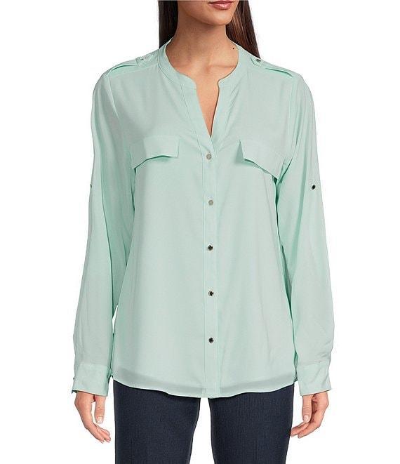 Calvin Klein Crew Neck Roll Sleeve Button Front Blouse Product Image
