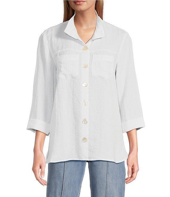 John Mark Solid Woven 3/4 Sleeve Wire Collared Button Front Patch Pocket Camp Shirt Product Image