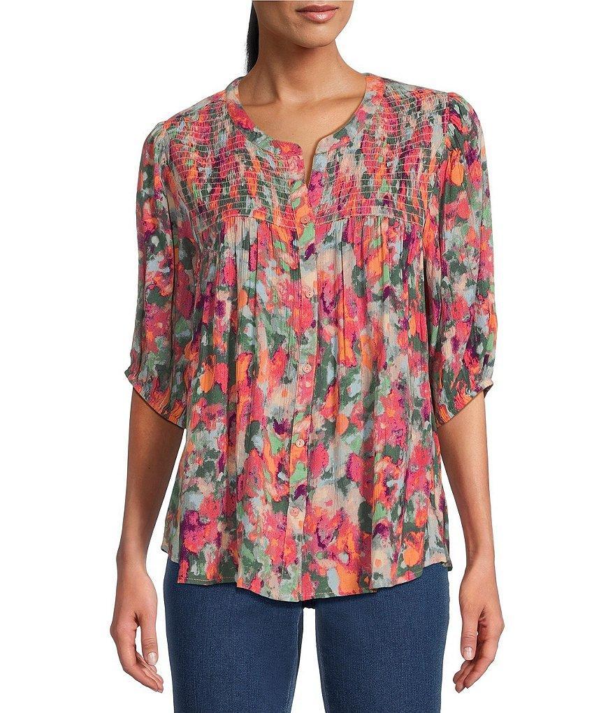 Intro Crinkle Gauze Brushstroke Print Crew Neck Elbow Sleeve Smocked Detail Button Front Blouse Product Image