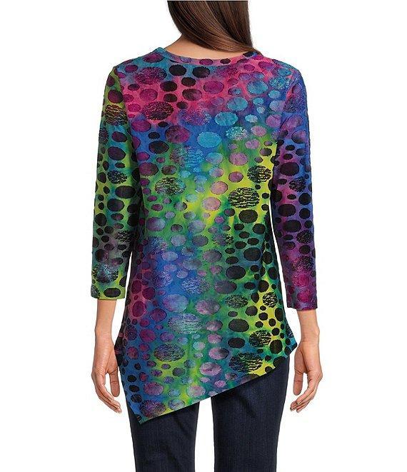 Calessa Petite Size Burnout Tie-Dye Knit Crew Neck 3/4 Sleeve Asymmetrical Top Product Image