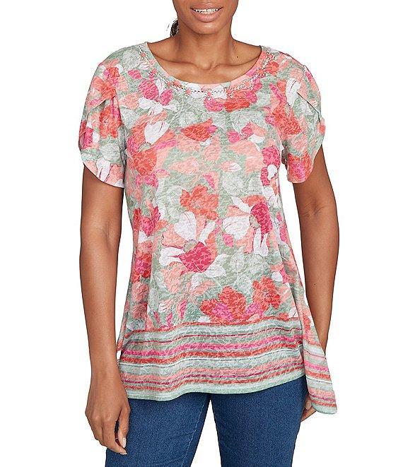 Ruby Rd. Petite Size Jersey Knit Floral Stripe Border Print Round Neck Short Sleeve Sharkbite Hem Top Product Image