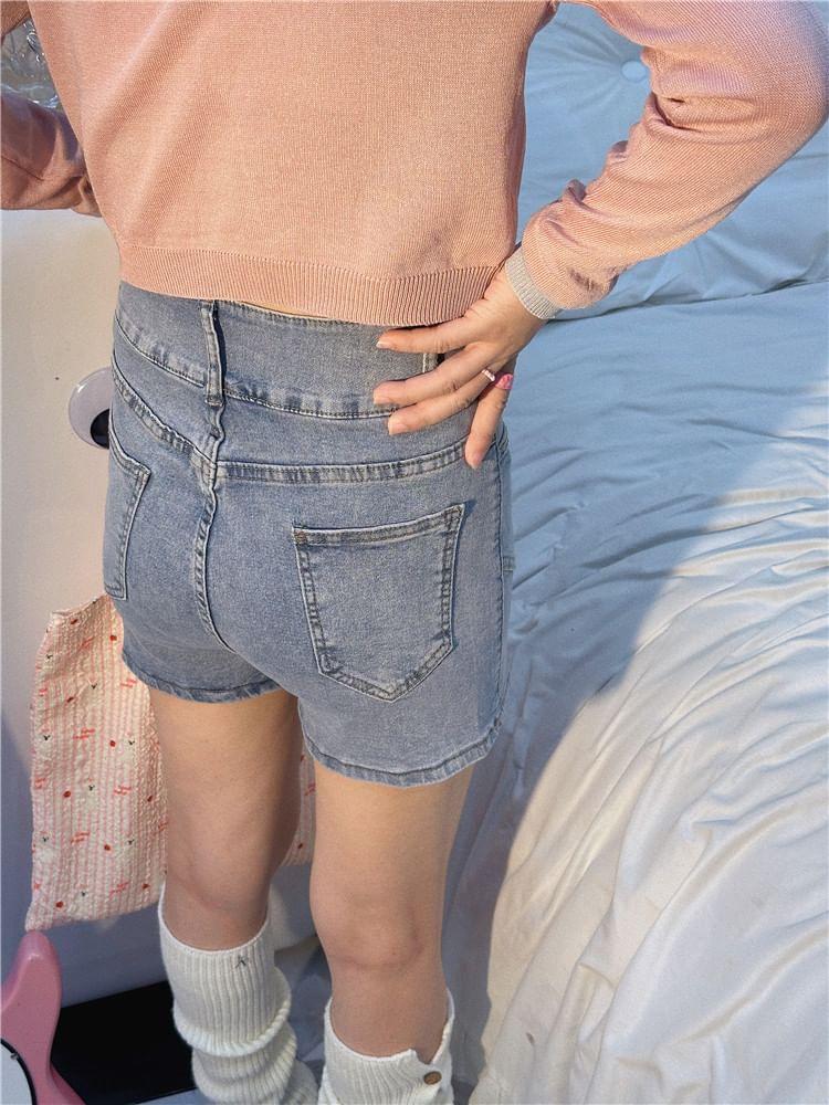 High Waist Lace-Up Washed Denim Shorts Product Image