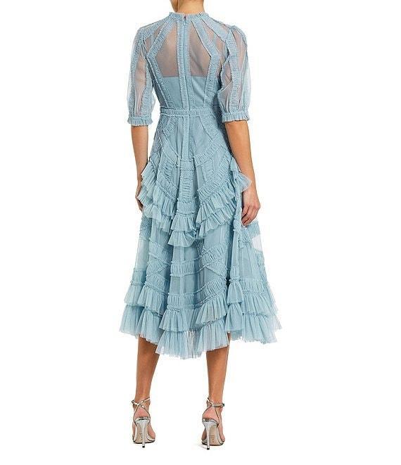 Mac Duggal Mock Neck Short Sleeve Tiered Ruffled Pleated Embellished A-Line Midi Dress Product Image