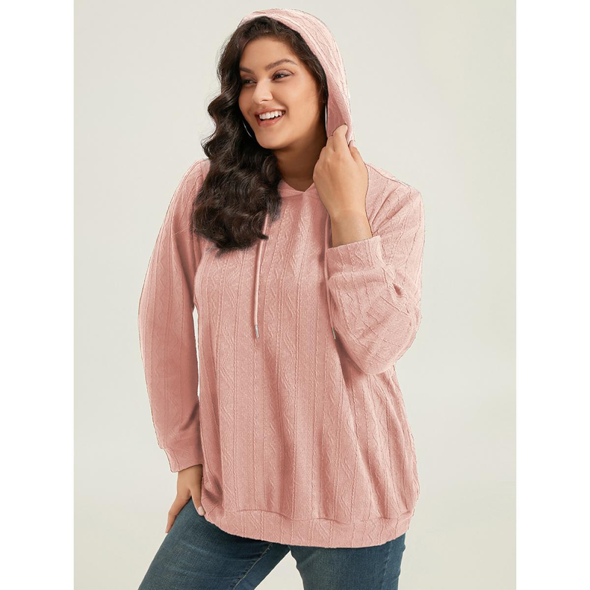 Plus Size Plain Textured Hooded Drawstring Sweatshirt Women Pink Casual Elastic cuffs Hooded Everyday Sweatshirts BloomChic 26/4X Product Image