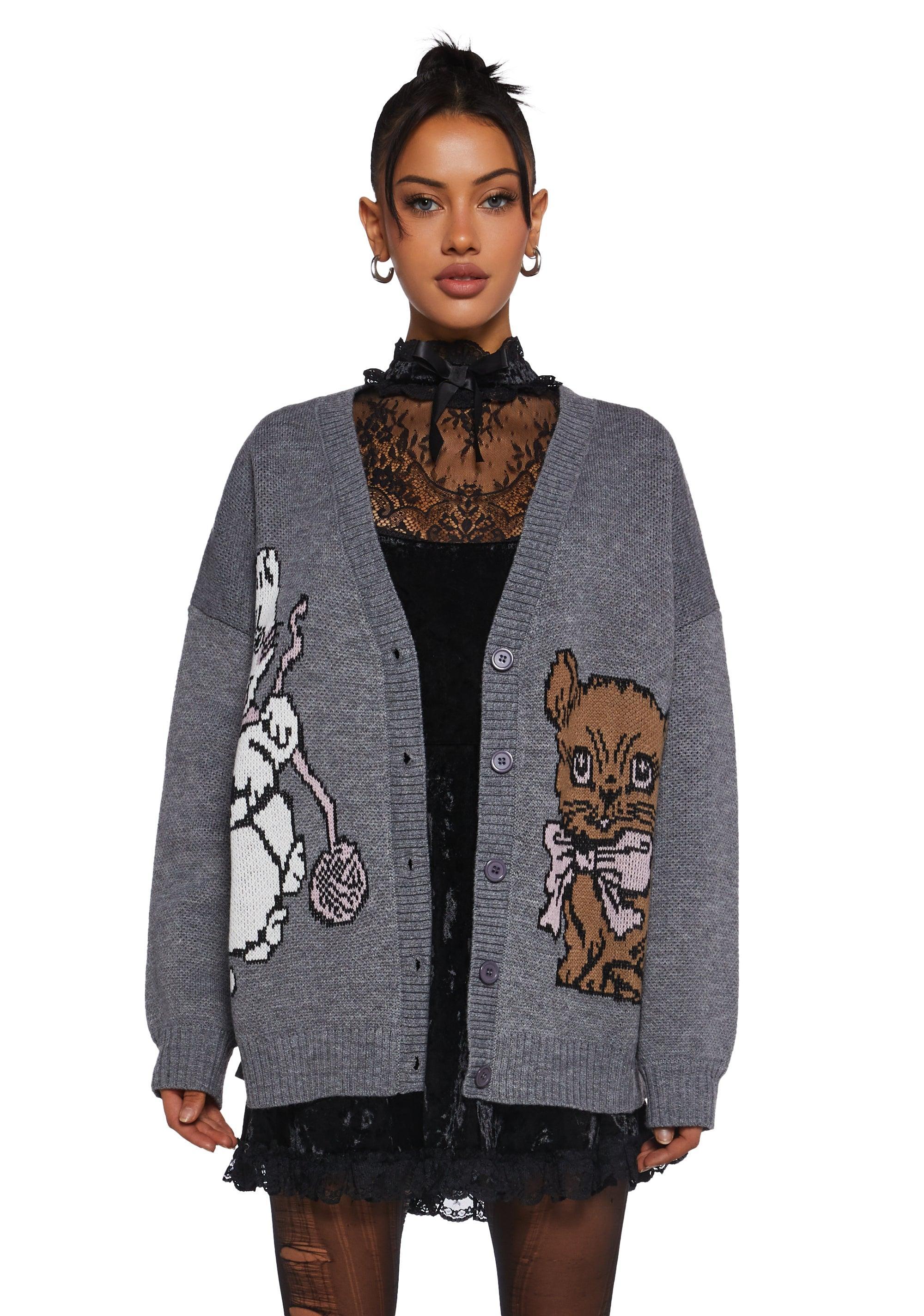 Kitty Cat Graphics Oversized Knit Cardigan Delia's - Gray Product Image