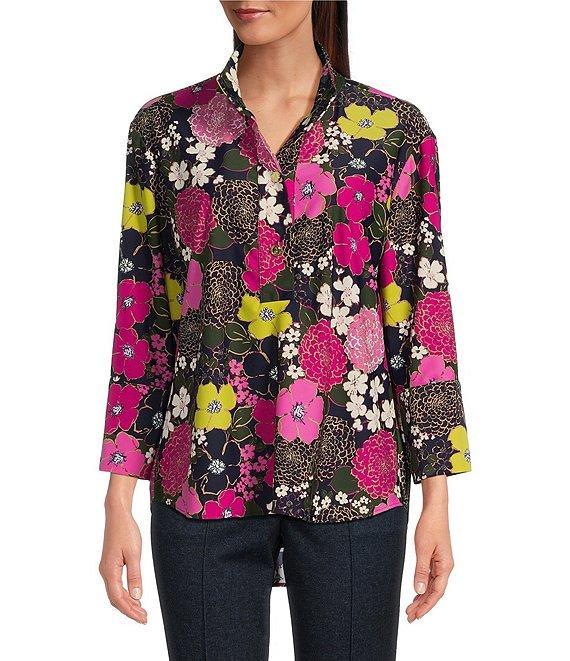 Jude Connally Belinda Autumn Blooms Print Jude Cloth Stretch Knit Wrinkle-Free Stand Collar Stand Collar 3/4 Sleeve Top Product Image