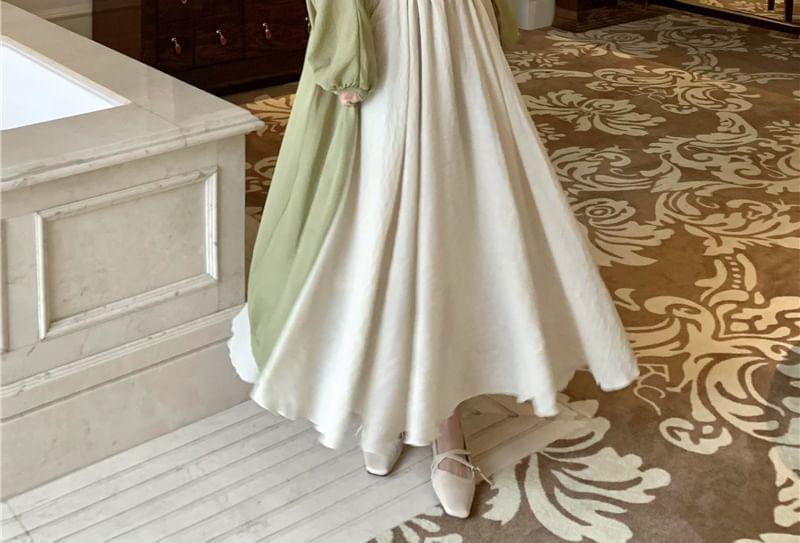 Plain Ruched Camisole Top / Midi Open Front Cardigan / High Rise Plain Maxi A-Line Skirt Product Image