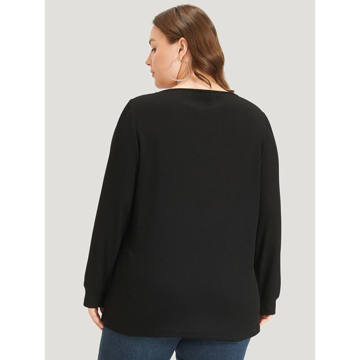 Plus Size Plain Rivets V Neck Elastic Cuffs Sweatshirt Women Black Casual Elastic cuffs V-neck Dailywear Sweatshirts BloomChic 22-24/3X Product Image