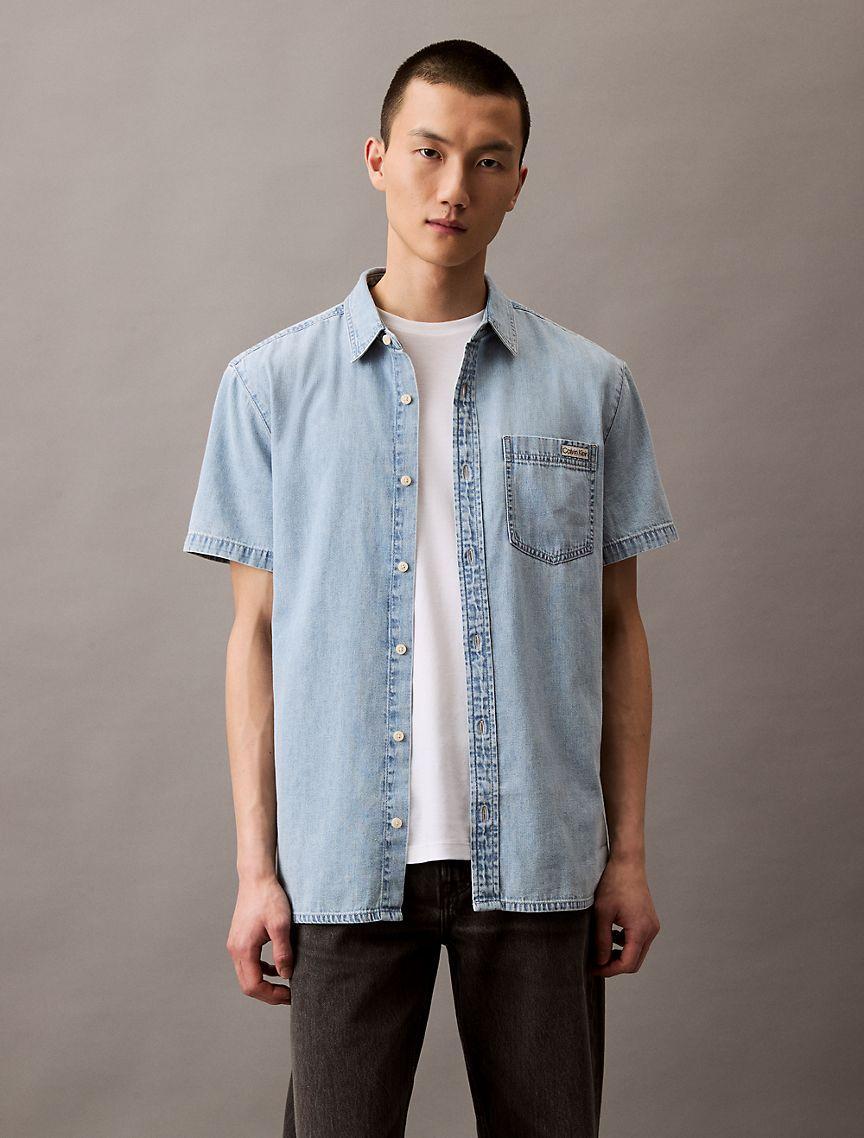 Denim Short Sleeve Classic Button-Down Shirt Product Image