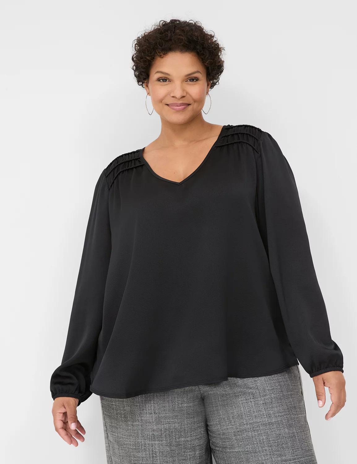 Smocked-Shoulder Satin & Knit Blouse Product Image