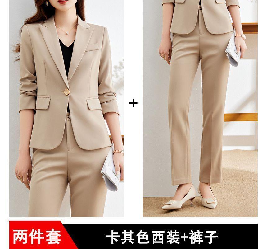 Plain One Buttoned Blazer / High Rise Straight Leg Suit Pants / Set Product Image