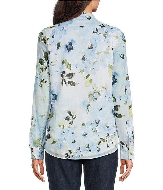 Calvin Klein Floral Cotton Crew Neck Roll Tab Sleeve Button Front Blouse Product Image