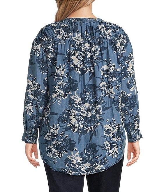 Intro Plus Size Lyocell Slub Floral Multi Print Y-Neck Long Roll-Tab Sleeve Shirttail Hem Blouse Product Image
