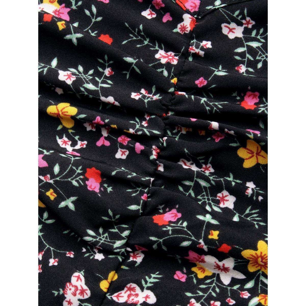 Plus Size Black Ditsy Floral Heart Neckline Gathered Blouse Women Elegant Long Sleeve Heart neckline Everyday Blouses BloomChic 28/5X Product Image