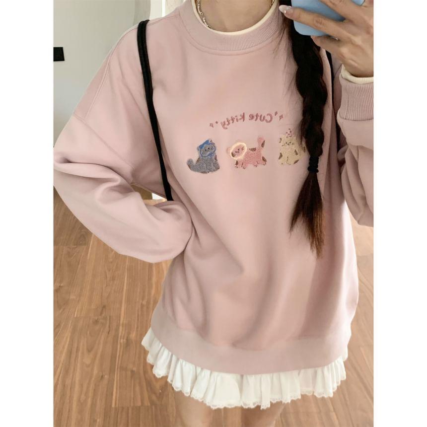 Mock Two-Piece Crew Neck Cat Embroidered Pullover Product Image