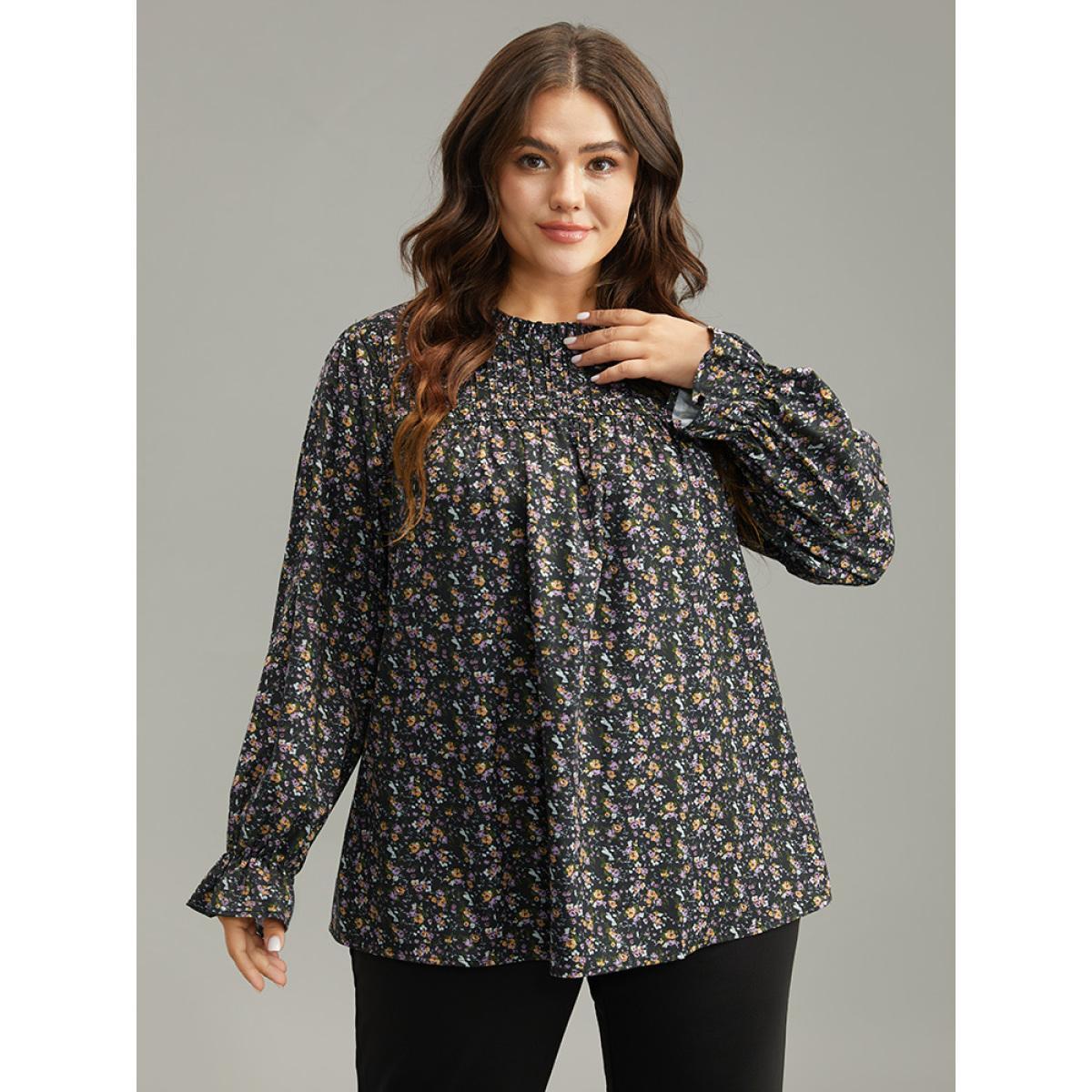 Plus Size Black Ditsy Floral Stand Collar Pleated Blouse Women Elegant Long Sleeve Stand-up collar Dailywear Blouses BloomChic 18-20/2X Product Image