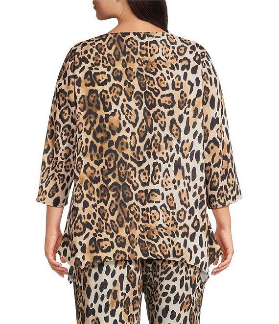 Caroline Rose Plus Coordinating Leopard Print Matte Crepe Scoop Neck 3/4 Sleeve Party Top Product Image