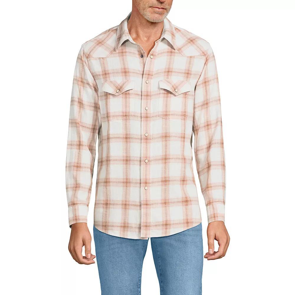Men's Lands' End Plaid Western-Style Shirt, Size: XL, Ivory Caramel Plaid Product Image