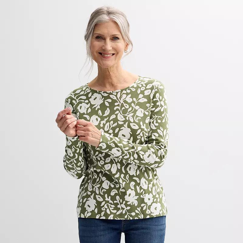 Petite Croft & Barrow® Crewneck Long-Sleeve Tee, Women's, Size: Medium Petite, Red Pink Tiny Blooms Product Image