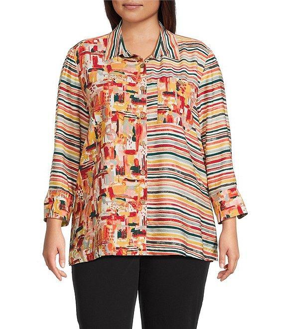 Multiples Plus Size Woven Multi Print Point Collar 3/4 Sleeve Button Front Fitted Shirt Product Image