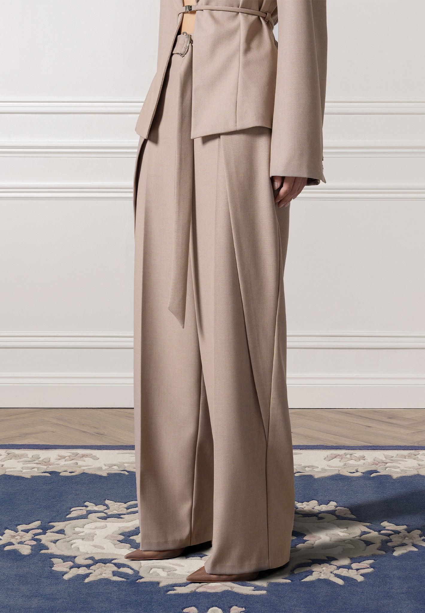 Foldover Tailored Trousers with D-Ring Belt - Taupe Female Product Image