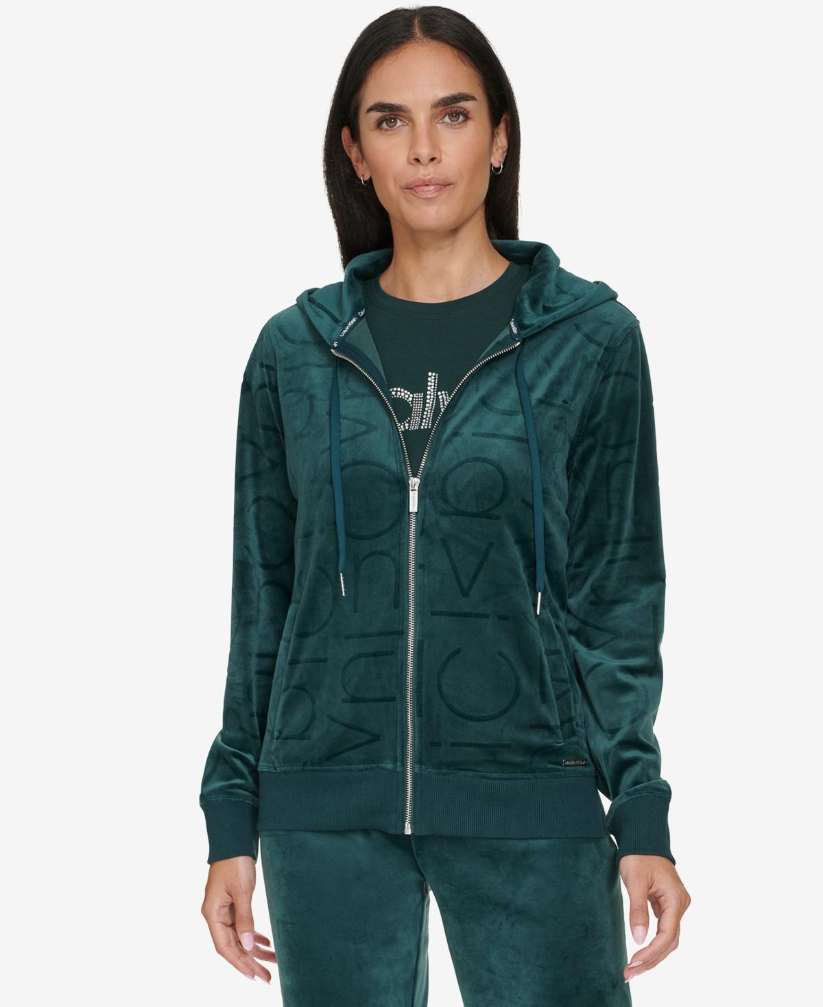 Calvin Klein Womens Tonal Logo Velour Zip-Front Hoodie Product Image