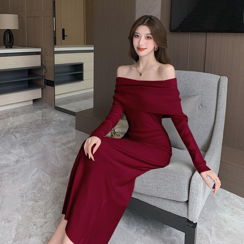 Long-Sleeve Off-Shoulder Plain Maxi Sheath Dress Product Image