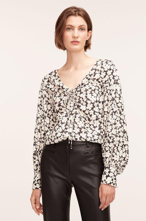 REBECCA TAYLOR Paige Fleur Drawstring Blouse In Black White Flower Combo Product Image