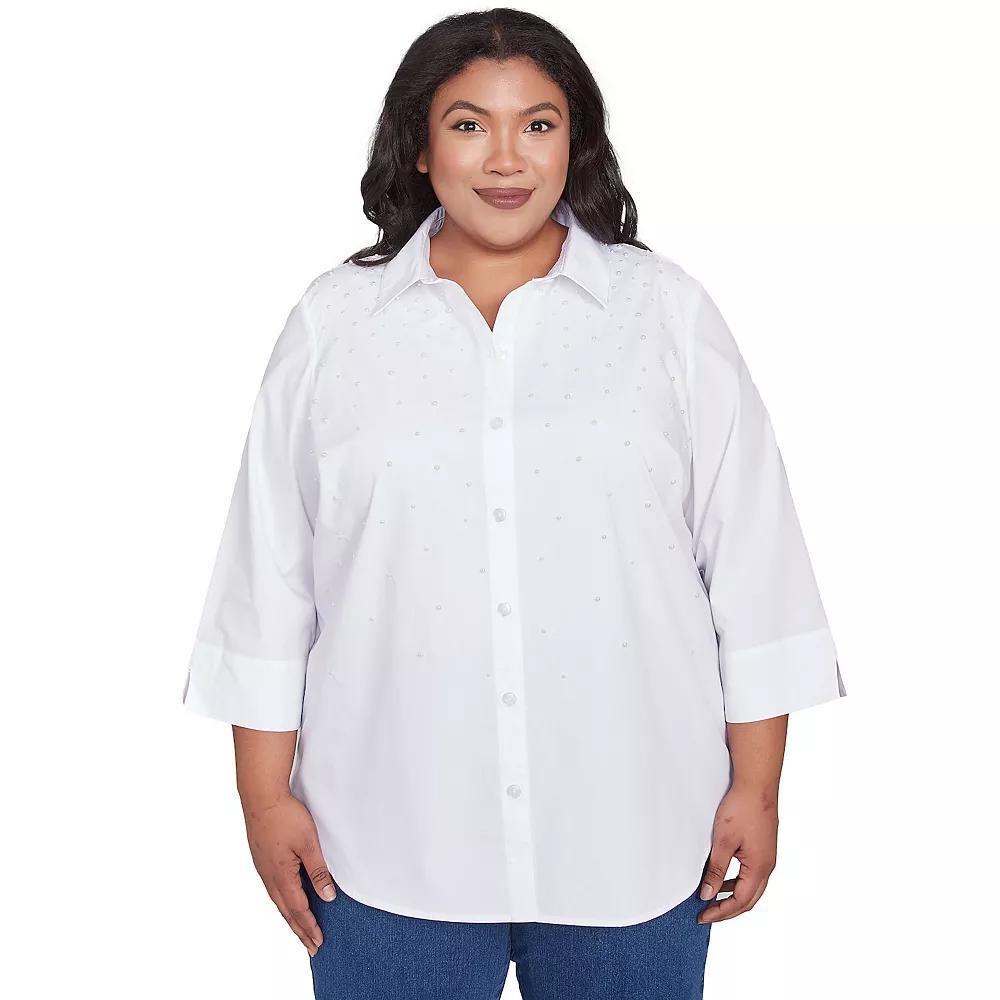 Plus Size Alfred Dunner Pearl Studded Button Down Top, Women's, Size: 3XL, White Product Image