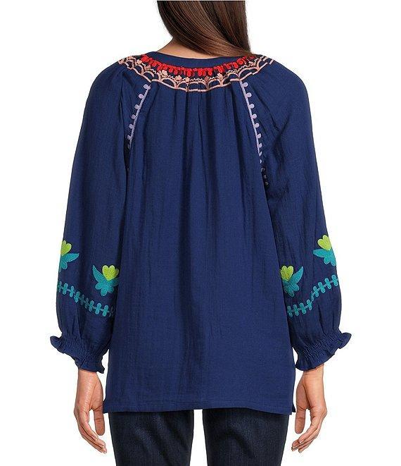 Tru Luxe Jeans Multi-Color Embroidered Gauze Split V-Neck 3/4 Smocked Sleeve Top Product Image