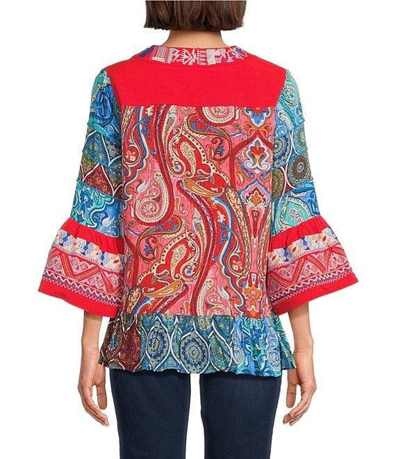 Calessa Petite Size Embroidered Patchwork Print Split V-Neck 3/4 Sleeve Tunic Product Image