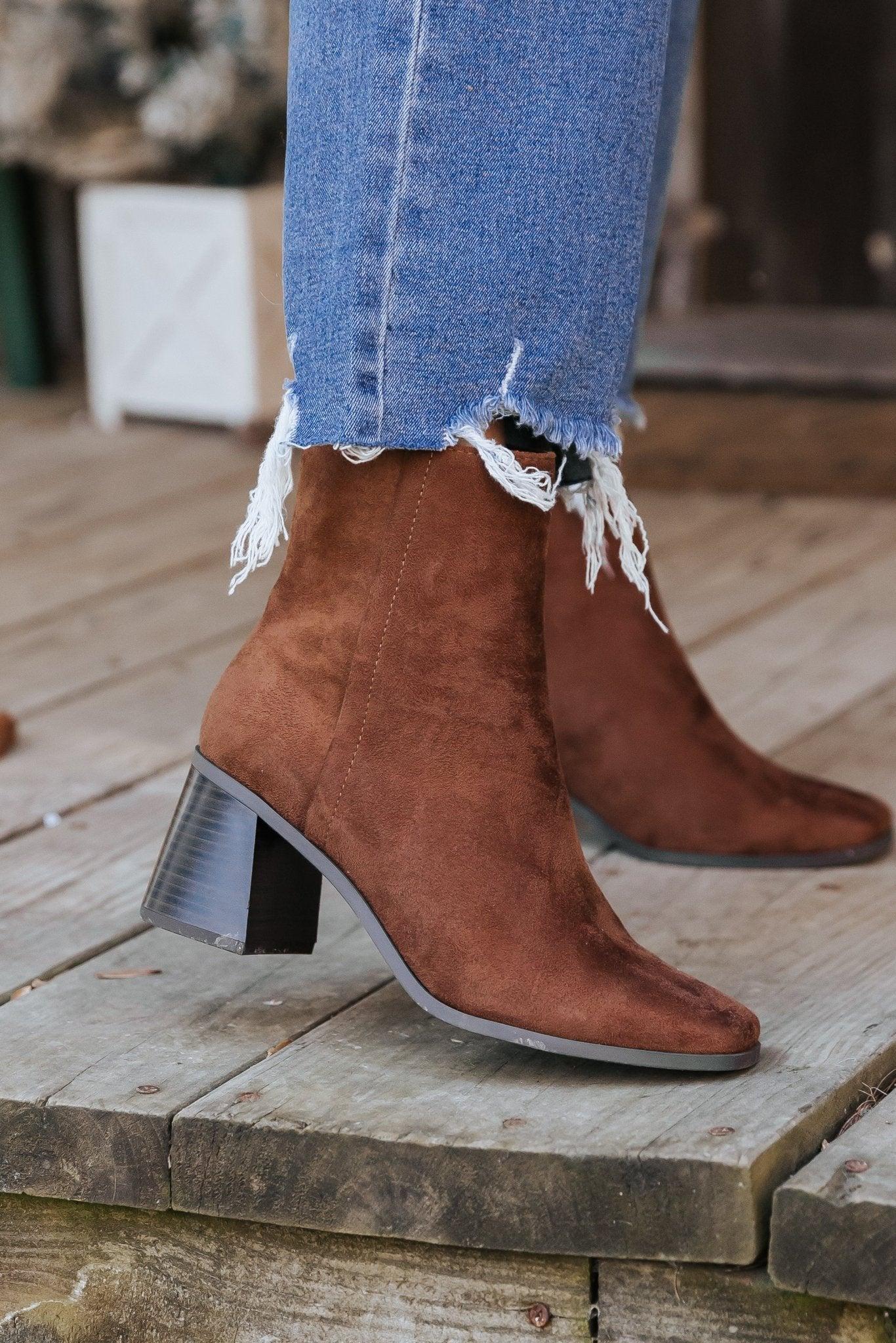 Chestnut Faux Suede Heeled Ankle Booties - FINAL SALE Product Image