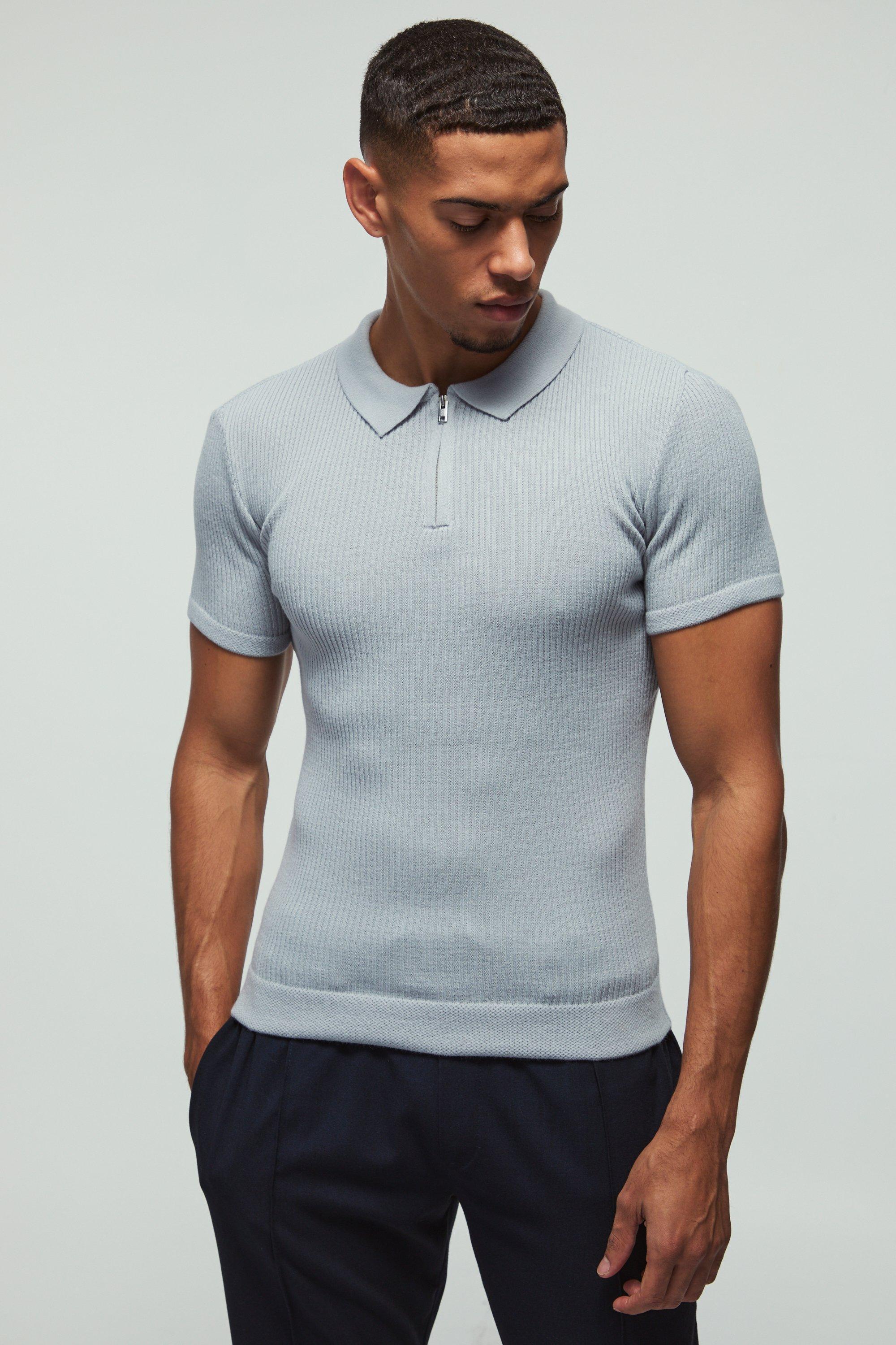 Mens Muscle Fit Ribbed Zip Neck Knitted Polo - Navy Product Image